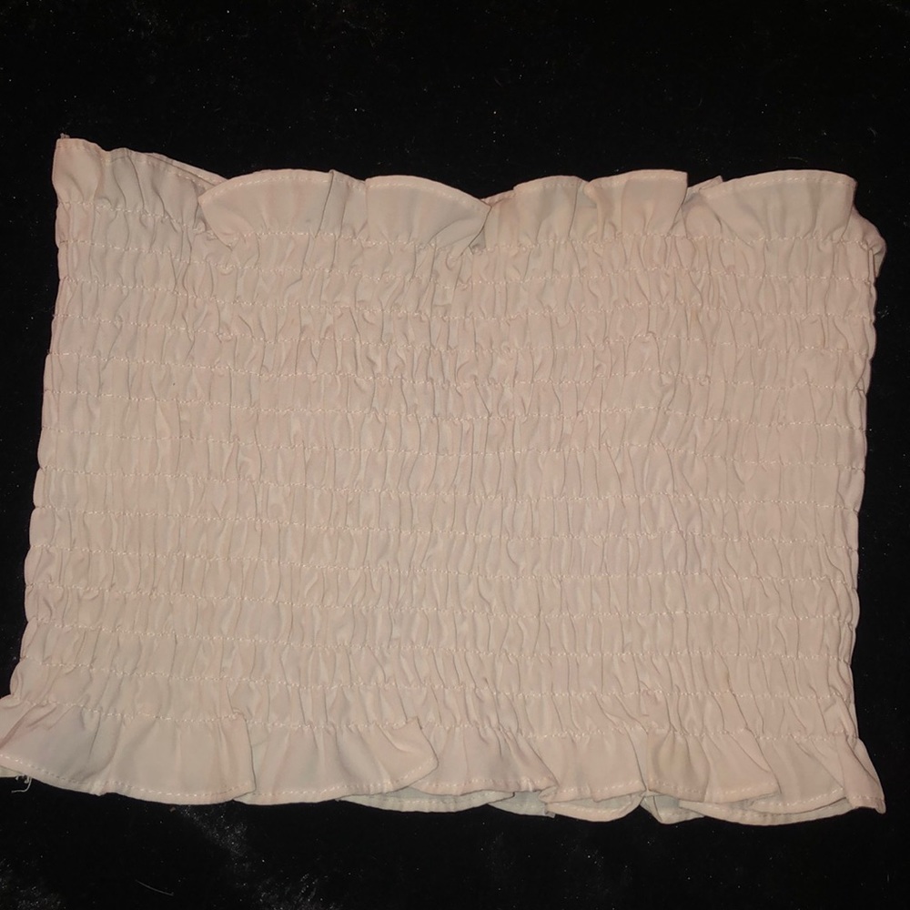 White ruffle strapless crop top